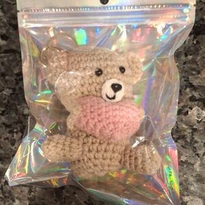 Handmade Beige Crochet Bear Keychain with Pink Heart